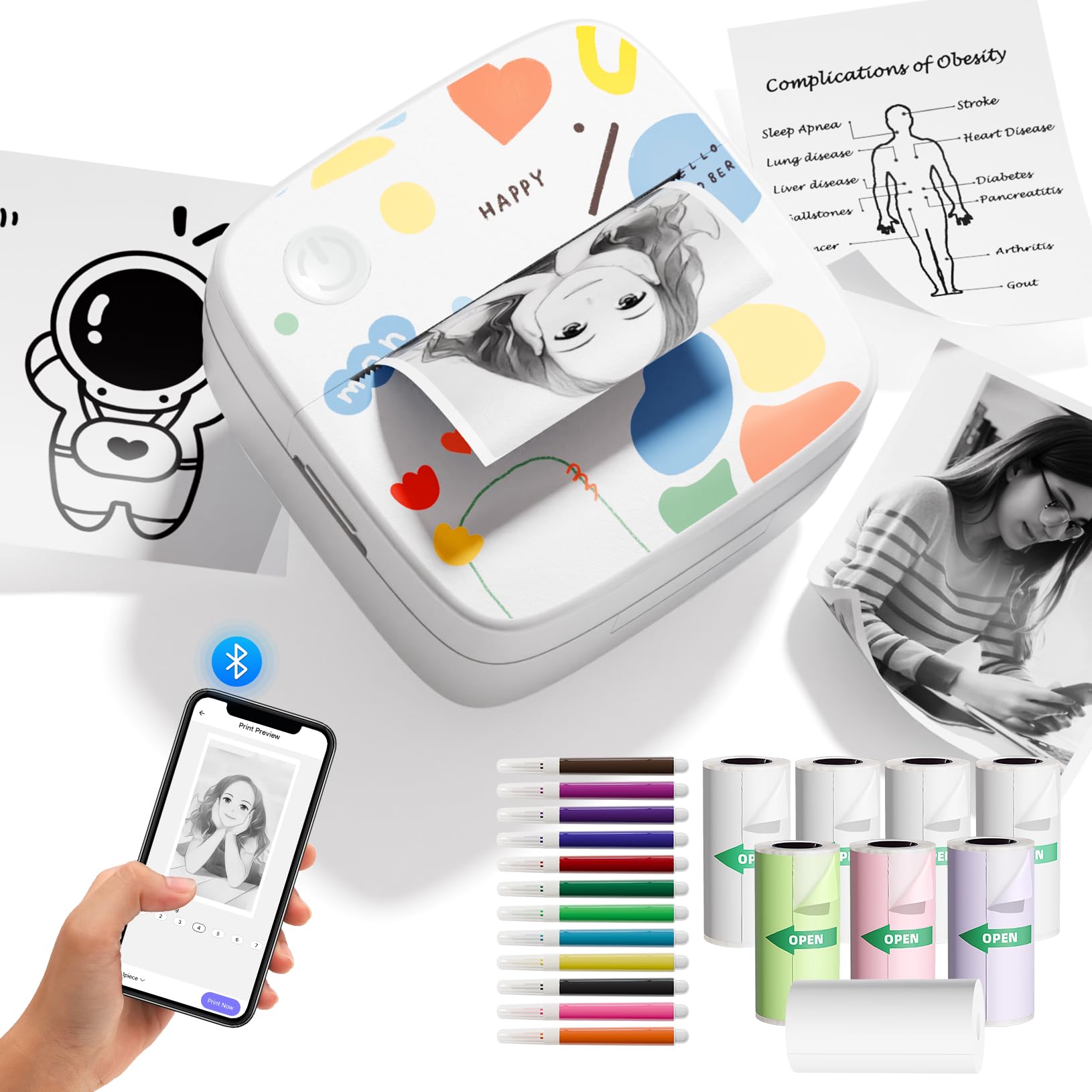 DOLEWA Mini Sticker Printer Portable Thermal Inkless Sticker Maker with 8 Rolls Coloed Paper & 12 Pens Wireless Thermarote Printers for Photos Study Notes Scrapbook Journal Memo (Doodle)