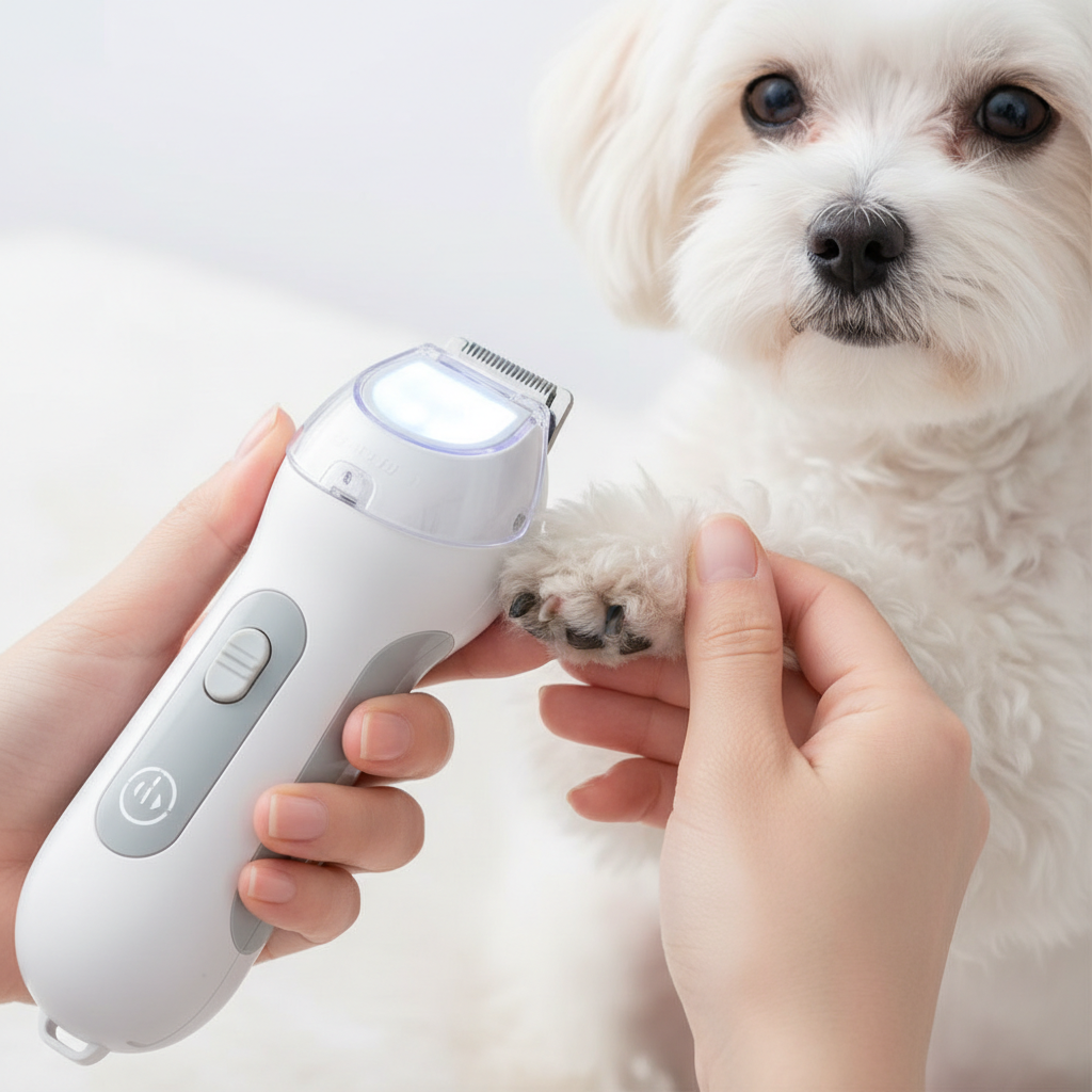 Electric LED pet nail clipper being used on small dog